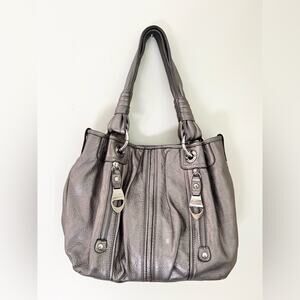 B makowsky silver metallic leather purse bag shoulder bag biker moto bikercore